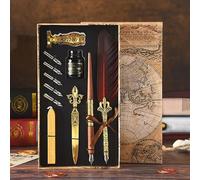 XUBX Calligraphy Pen Set, Quill Pen and Ink Set, Antique Dip Feather Pen Writing Quill Ink Dip Pen with Ink Pen Holder Gift Set, 17 Replacement Nibs, 1 Wax Seal Sticks, 1 Pen Nib Base (Red)
