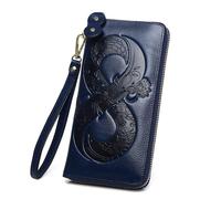 XUCZHAI Vintage Genuine Leather Woman Wallet Floral Real Cow Purse Ladies First Layer Cowhide Clutch Bag(Blue Wallet)