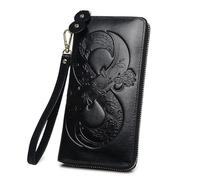 XUCZHAI Vintage Genuine Leather Woman Wallet Floral Real Cow Purse Ladies First Layer Cowhide Clutch Bag(Black Wallet)