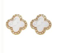 XUDEJUN - Four-leaf clover earrings in silver - Needle clover earrings - with diamonds and zirconia - Hypoallergenic - Large earrings for, Sterling Silver, Shell