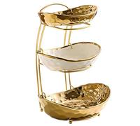 XUDREZ 2 Tier/ 3 Tier Fruit Bowl with Metal Stand for Kitchen Counter, Ceramic Gold Silver, Portable Tiered Fruit Basket Fruit Rack for Nuts, Snacks, Bread, Candy Storage (Gold, 3 Tier)