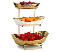 XUDREZ 3 Tier Fruit Bowl, White Gold Ceramic with Metal Stand