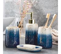 XUDREZ Bathroom Accessories Set: 4 Pcs Ceramic, Glossy Blue-sky Design with Soap Dispenser, Toothbrush Holder, Tumbler & Soap Dish