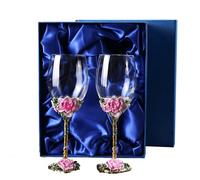 XUDREZ Painted Enamel Flower Lead-Free Wine Glasses,320ml/10.8 OZ Red/White Crystal Wine Glasses Pink 2 Glass Gift Box