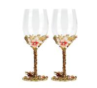 XUDREZ Red/White Wine Glass, Handmade Painted Enamel Flower Gin Wine Glass Long Stem Lead Free Crystal Wine Glasses, Ideal Gifts for Women Mum Friends Mothers Day (Set of 2)