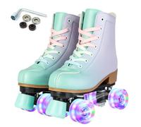 XUDREZ Roller Skates for Girl Women Roller Derby Skates Adult Light Up Double Row Adjustable Roller Skates PU Skates Shoes for Kid Beginner Outdoor (Green purple flashing wheel 37)