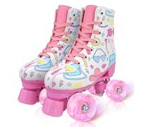 XUDREZ Roller Skates for Girls Light Up Kids Roller Skate Double Row High Top Pink Graffiti Roller Derby Skates Quad Skates Shoes (White with Flashing Wheel,32 - 8.26in - UK2)