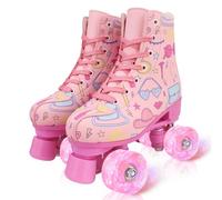XUDREZ Roller Skates for Girls Light Up Kids Roller Skate Double Row High Top Pink Graffiti Roller Derby Skates Quad Skates Shoes (Pink with Flashing Wheel,36-9.21in - UK4)