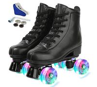 XUDREZ Roller Skates for Women Man PU Leather Shiny Roller Skates Double Row Adjustable Quad Rollerskates for Boys Girls Beginner Outdoor Indoor with Carry Bag Black flashing wheel EUR39-Uk6.5
