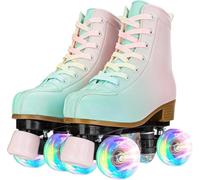 XUDREZ Roller Skates Green Pink Double Row Luminous Kids Adult Youth Men Women Beginners Shoes Size 33 UK 2.5 / 8.5"