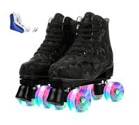 XUDREZ Roller Skates Women Men High-Top Light Up Roller Derby Skates Double Row Roller Skates Unisex Boys Girls for Beginner Indoor Outdoor with Shoes Bag (Black camouflage flash wheel, 39)