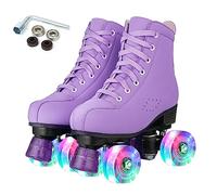 XUDREZ Women Roller Skates High Top Shoes Double Row Shiny Roller Derby Skates Four Wheel Unisex PU Classic Skates for Girl Beginner Indoor Outdoor (Purple flashing wheel,Uk8)