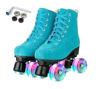 XUDREZ Women Roller Skates High Top Shoes Double Row Shiny Roller Derby Skates Four Wheel Unisex PU Classic Skates for Beginner Indoor Outdoor (Blue flashing wheel,Uk3.5)