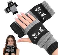 XUDUOO Fingerless Cat Gloves for Women, Knitted Ladies Fingerless Gloves, Cute Cat Embroidery Warm Winter Accessorie, Knitted Embroidery Warm for Women Girls Ladies Mothers (A)