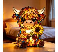 XUDUOO Stained Highland Cow Lamp, Vintage Resin Table Lighting, 3D Cute Sunflower Animal Lamp with Warm Glow, LED Night Lamp for Home, Office, Bedroom, Living Room, Unique Gift for Cow Lovers
