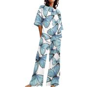 XUEJIANN Bunny House Slippers 2 Cotton Linen Set Oversized T Shirts Straight Leg Pant Plus Size Tracksuit Pajama Set Silk Women (Mint Green, M)