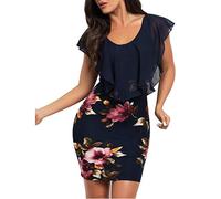 XUEJIANN Petite Dresses for Short Women - Body Con Dresses for Women UK - Elegant Dress Floral Print V Neck Dress Knee Length Dresses UK Party Wear Dresses Slimming Dresses Elegant Evening Dress Navy