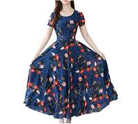 XUEJIANN Short Sleeve Midi Summer Dresses for Women UK - Women's Waist Dress - Casual Summer Midi Dress Size 20 Summer Dress Holiday Dresses for Beach Flower Dress Summer Floaty Dress Size 18 Blue