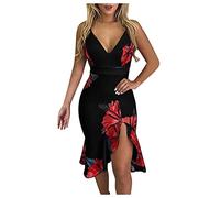 XUEJIANN Women's Dresses for UK Elegant Mid Length V Neck Dresses for UK | Tummy Petite Dress with Split Leg Wrap Dress Size 16 Party Wear Dress Ruffle Wrap Dress Knee Length Dress