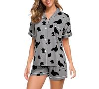 XUEJIANN Womens Short Pyjamas Set 2 Pack - Ladies Loungewear Sets Uk | Notched Lapel Button Nightwear Sweet Cute Prints Nightdresse Comfortable Breathable Nightshirts Soft Checks Nighties