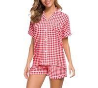 XUEJIANN Womens Short Pyjamas Set 2 Pack - Ladies Loungewear Sets Uk | Notched Lapel Button Nightwear Sweet Cute Prints Nightdresse Comfortable Breathable Nightshirts Soft Checks Nighties
