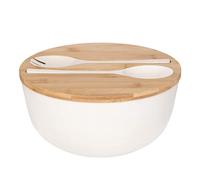XUEJUN Salad Bowl with Servers Set - Large 9.8 inches Mixing Bowls Solid Bamboo Salad Wooden Bowl with Bamboo Lid Spoon for Fruits,Salads and Decoration (White, 9.8INCH)