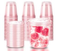 Xuelimei 12oz Disposable Stemless Glasses With Strawless Sip Lids,PET Disposable Drinking Cups,Clear Plastic Wine Glasses for Parties Birthday,Wedding,Meeting,Christmas Party Supplies. (50, Pink)