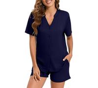 Xuepelit Ladies Pyjamas Summer Women's Cotton Pyjama Button Down Set Short Sleeve Loungewear Pjs Sets Nightwear for Women UK, Black M