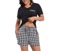 Xuepelit Ladies Pyjamas Summer Women's Pyjama Sets Pyjamas Set for Women UK Cotton Pjs Two Pieces Womens Pj’s V-Neck Soft Solid Top and Plaid Shorts Sleepwear Loungewear with Pockets S-XXL, Black S
