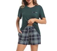 Xuepelit Ladies Pyjamas Summer Women's Pyjama Sets Pyjamas Set for Women UK Cotton Pjs Two Pieces Womens Pj’s V-Neck Soft Solid Top and Plaid Shorts Sleepwear Loungewear with Pockets S-XXL, Green L
