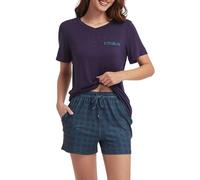 Xuepelit Ladies Pyjamas Summer Women's Pyjama Sets Pyjamas Set for Women UK Cotton Pjs Two Pieces Womens Pj’s V-Neck Soft Solid Top and Plaid Shorts Sleepwear Loungewear with Pockets S-XXL, Blue S