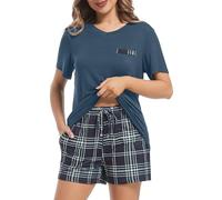 Xuepelit Ladies Pyjamas Summer Women's Pyjama Sets Pyjamas Set for Women UK Cotton Pjs Two Pieces Womens Pj’s V-Neck Soft Solid Top and Plaid Shorts Sleepwear Loungewear with Pockets S-XXL, Green M