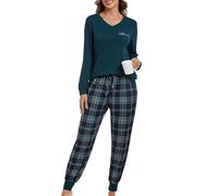 Xuepelit Pyjamas Set for Women Ladies Pyjamas Two Pieces Pj’s Sets Long Sleeve Winter Pyjama Set V-neck Tops and Plaid Pants Sleepwear, Blue XXL