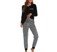 Xuepelit Pyjamas Set for Women Ladies Pyjamas Two Pieces Pj’s Sets Long Sleeve Winter Pyjama Set V-neck Tops and Plaid Pants Sleepwear, Black XXL