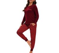 Xuepelit Pyjamas Set for Women Ladies Pyjamas Two Pieces Pj’s Sets Long Sleeve Winter Pyjama Set V-neck Tops and Plaid Pants Sleepwear, Red XXL