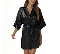 Xuepelit Satin Dressing Gown for Women UK Women's Silk Bride Kimono Robe Lightweight Japanese Wedding Bathrobes Pyjamas Short,Black,XL