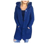 XUETON Women Hooded Open Front Cardigan Button Up Cable Knit Sweaters Solid Color Chunky Long Sweater Coats with Pockets Blue