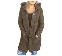 XUETON Women Hooded Open Front Cardigan Button Up Cable Knit Sweaters Solid Color Chunky Long Sweater Coats with Pockets Khaki