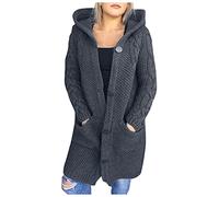 XUETON Women Hooded Open Front Cardigan Button Up Cable Knit Sweaters Solid Color Chunky Long Sweater Coats with Pockets Grey
