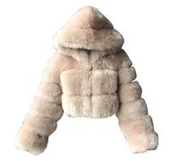 XUETON Women Luxury Faux Fur Coat Jackets Zip Up Long Sleeve Vintage Parka Shaggy Teddy Jacket Cropped Coat with Hood Khaki, S