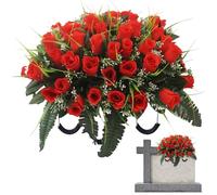 XUEYEGONGJI Cemetery Flowers for Grave Artificial Rose Realistic Silk Grave Flowers Bouquet with Saddle 20x12 In Decorative Lasting (Red) Grave Flowers for Cemetery