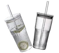 XUEYEGONGJI Glass Cups with lids and Glass Straws 2Pcs Glass Cups with Lids and Glass Straws Clear Glass Coffee Cups Striped Bubble Tea Cups Juice Glass Milk Drinking Cups 600ML