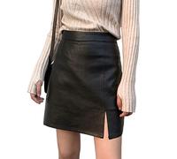 XUEZHEN Leather Skirt, Pencil Skirts Slit Leather Skirt Female Autumn Winter A- Line Office Lady Sheath High Waist Slimming(L) Black