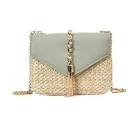 XUEZHEN Straw Bag, Straw Handbag Fringed Chain Small Flap Bags for Women Straw+PU Crossbody Bags Ladies Summer Beach Messenger Shoulder Handbags(Green)