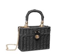 XUEZHEN Straw Bag, Straw Handbag Rattan Black Straw Shoulder Bag Women Hand-woven Messenger Bag Summer Beach Square Box Straw Handbag For Lady(Paper rope black)