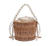 XUEZHEN Straw Bag, Straw Handbag Summer Straw Beach Bags for Women Pearl Chain Design Handmade Woven Female Bucket Shoulder Bag Travel Crossbody Handbags