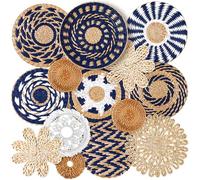 Xuhal 15 Pcs Boho Wall Basket Decor Handcrafted Seagrass Woven Wall Basket Rustic Round Woven Hanging Art for Home Farmhouse Kitchen Table Living Room(Blue Classic Style)
