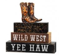 Xuhal 4 Pcs Western Cowboy Table Decorations Cowboy Boot Tabletop Centerpieces Rustic Farmhouse Western Tiered Tray Decor Brown and Black Wild West Block Sign for Home Shelf Office Mantel Party