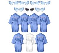 Xuhal 7 Pcs Bride Bridesmaid Robe Sets for Wedding Bridal Party Satin Robes Maid of Honor Robe with Heart Shaped Sunglasses, Light Blue, White, One Size