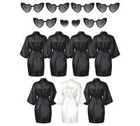 Xuhal 7 Pcs Bride Bridesmaid Robe Sets for Wedding Bridal Party Satin Robes Maid of Honor Robe with Heart Shaped Sunglasses, Black, White, One Size